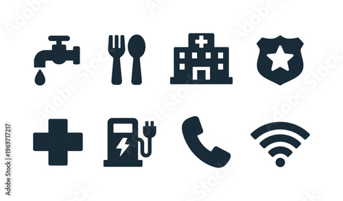 Row of essential services icons showing water tap, dining utensils, hospital, security badge, medical cross, charging station, phone handset, and wifi signal