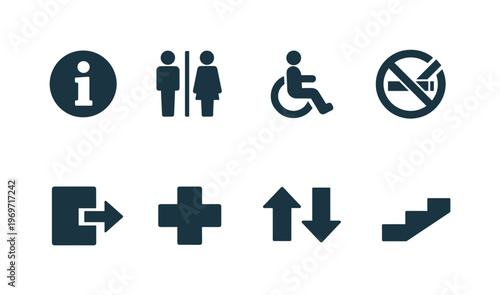 Collection of public facility symbols including information, restroom, wheelchair access, no smoking, exit, first aid, direction arrows, and stairs icons
