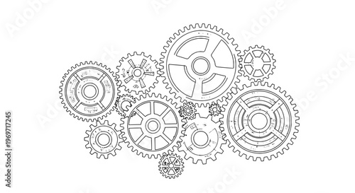 Gears intricate line drawing with interlocking teeth, industrial mechanism concept, mechanical parts connection emblem, vector illustration.