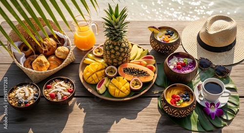 Tropical breakfast with fresh fruits, pastries, and coffee on a wooden table by the pool