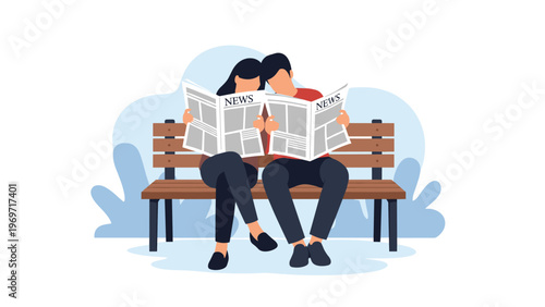 Relaxed couple sits together on a wooden park bench while both are engaged in reading their own copies of the morning newspaper.