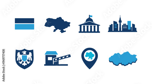 Collection of blue vector icons showing national flag, country maps, government building, city skyline, coat of arms, checkpoint gate, and location pin
