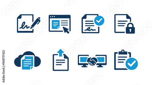 Collection of document management icons showing digital forms, signing, verification, security lock, cloud storage, upload, and approval workflow