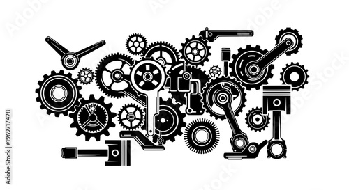 Gears and mechanical parts complex arrangement with pistons and levers, intricate machine design and engineering concept.