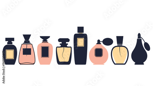 Elegant vector illustration featuring a diverse collection of perfume and fragrance bottles in a minimalist flat design style.