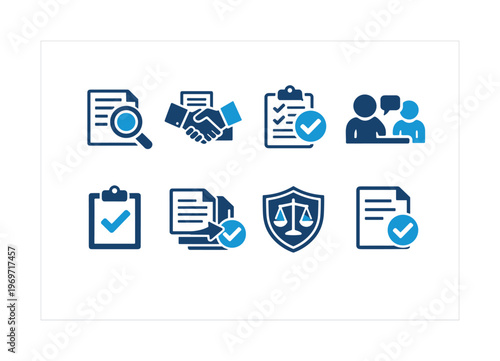 Set of compliance and legal service icons showing document review, handshake agreement, audit checklist, team communication, and justice shield symbols