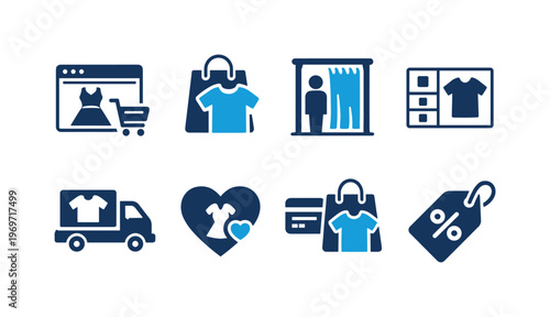 Set of flat shopping and fashion icons showing online clothing purchase, boutique fitting room, delivery truck, love favorite, payment card, and discount tag