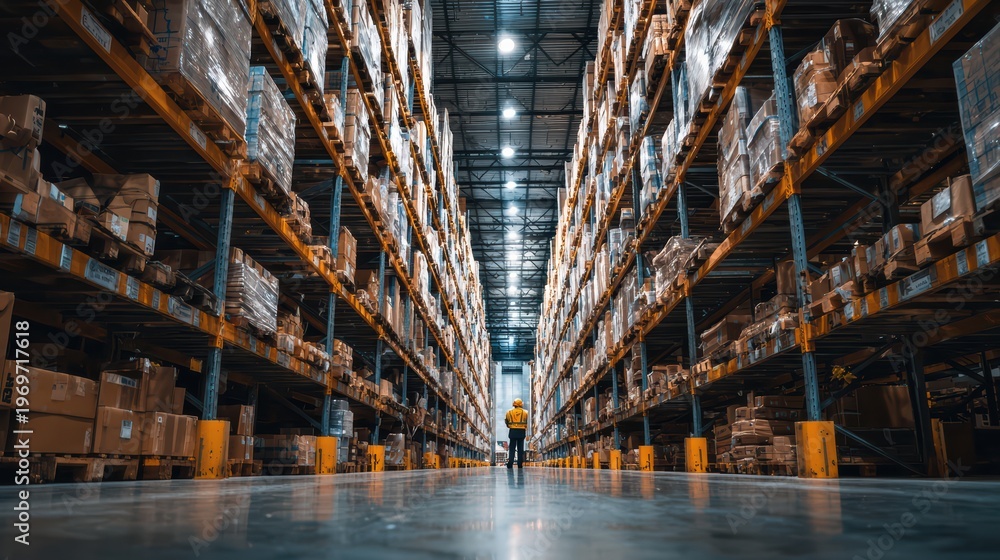 Obraz premium wide perspective shot inside industrial warehouse, stacked shelves on both sides, worker standing in foreground, full height visible, calm and friendly expression