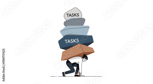 Man burdened by overwhelming stack of tasks and responsibilities.