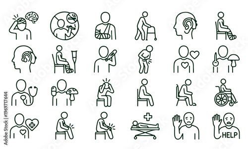 Collection of medical and disability icons showing various health conditions and needs