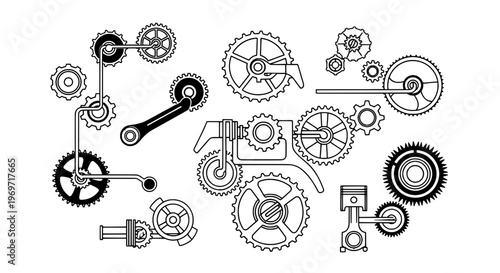 Gears mechanical set with various industrial components and mechanical parts featuring machinery, engineering, clean composition on simple background