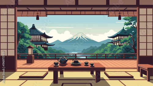 Serene digital art illustration of a traditional Japanese tea room overlooking a scenic view of Mount Fuji and pagodas.