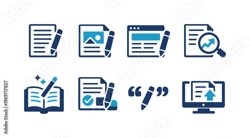 Set of document and writing icons including notes, image file, browser page, analytics search, open book, checklist approval, quotation marks, and upload screen