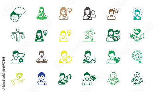 Set of diverse flat icons representing human emotions and professional activities isolated on transparent background