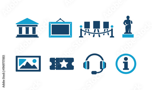 Set of museum and gallery icons featuring classical building, framed art, barrier stanchions, statue, photo display, ticket, headset, and information symbol