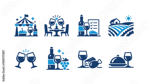 Set of flat blue icons for wine tasting, vineyard landscape, clinking glasses celebration, restaurant dining, bottle and grapes, and food service