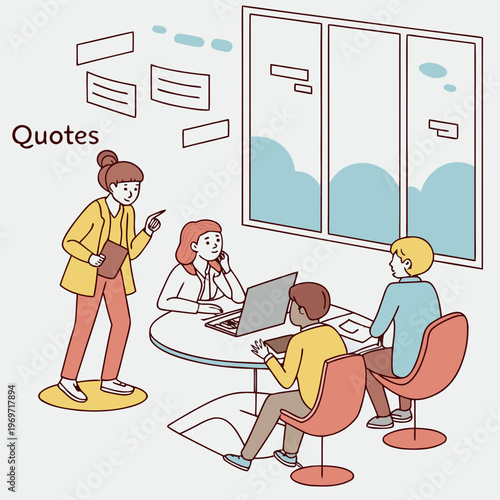 Four people discussing and working together in a meeting room setting
