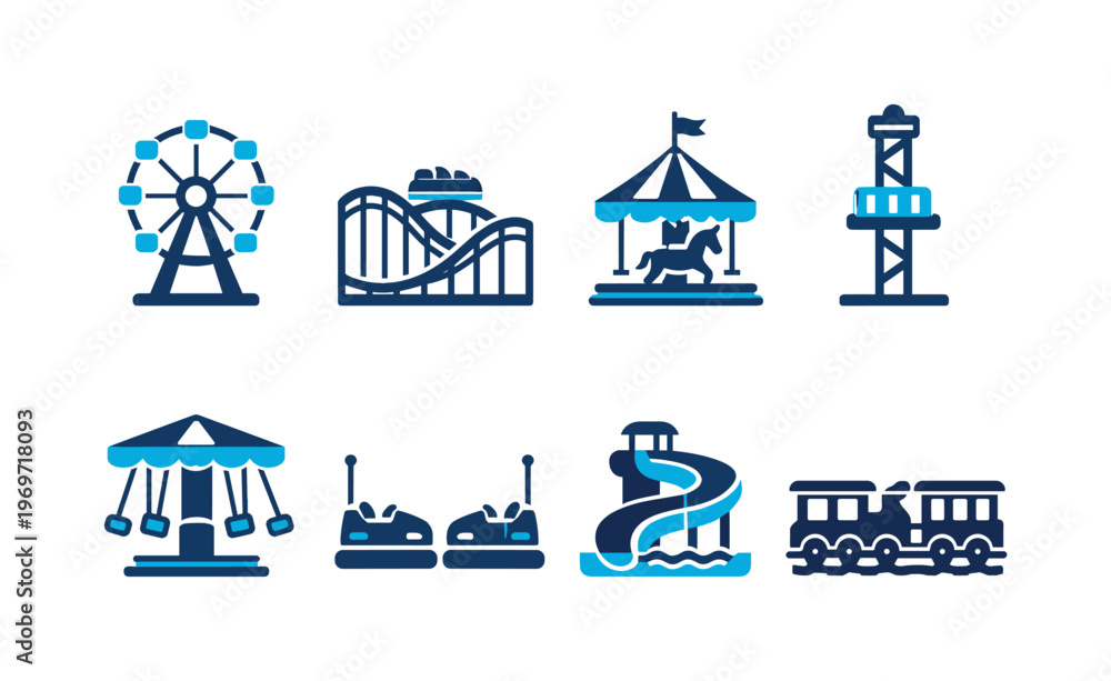 Naklejka premium Set of amusement park attraction icons featuring ferris wheel, roller coaster, carousel, drop tower, swings, bumper cars, water slide, and train