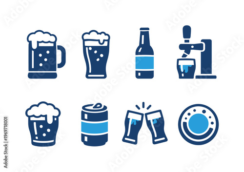 Set of minimalist blue drink icons featuring beer mugs, pint glass, bottle, tap pour, foamy cup, can, clinking glasses, and coaster symbols