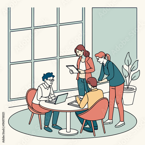 Four people collaborating in a meeting room with laptops and documents