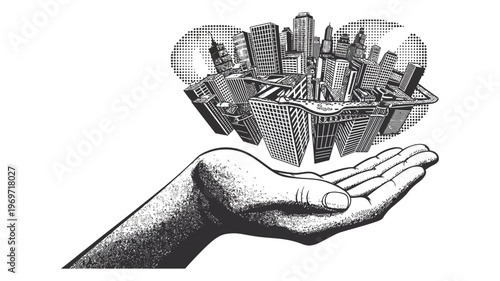Hand holding a miniature cityscape in palm promoting urban sustainability and development