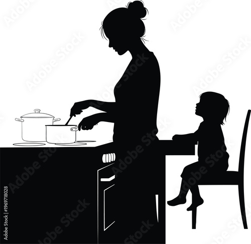 Silhouette of a mother and child in the kitchen preparing a meal together