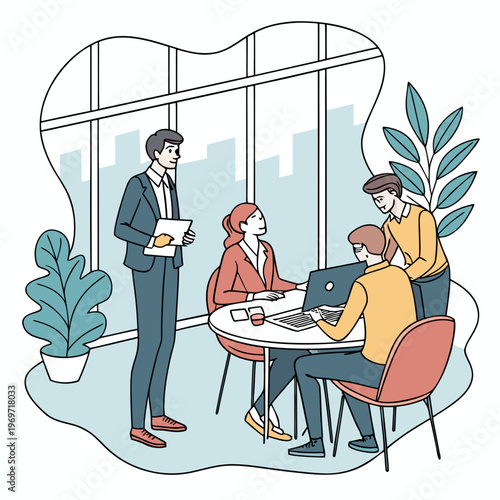 Four people having a meeting in a modern office space with plants