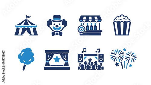 Set of carnival and circus icons featuring tent, clown, snack booth, popcorn, cotton candy, stage curtain, concert speakers, and fireworks