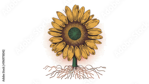 Detailed illustration of sunflower with roots and vibrant petals isolated on transparent background