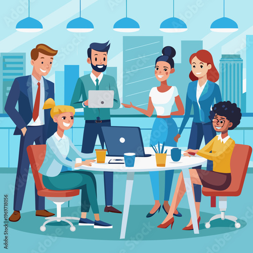 Diverse group of businesspeople collaborating in modern office setting with laptops