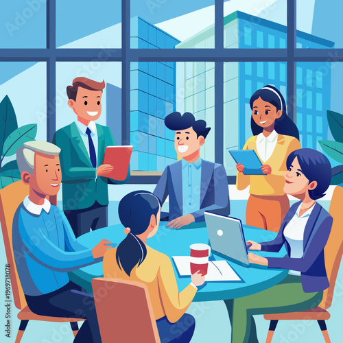 Business team meeting in office with laptop and documents