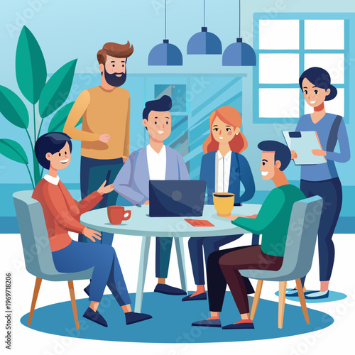 A group of people sitting around a table with a laptop and smiling