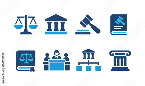 Set of legal and justice icons showing scales, courthouse, gavel, law book, courtroom meeting, hierarchy chart, and classical column symbols