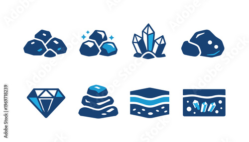 Set of stylized mineral and geology icons featuring rocks, gemstones, crystal cluster, diamond, layered stones, and subterranean ore deposit illustrations