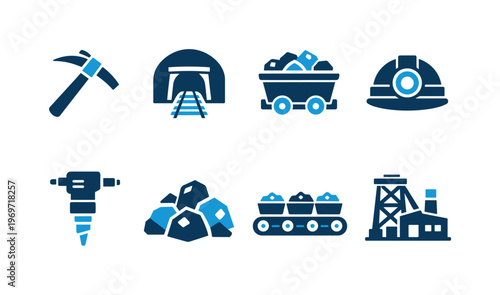 Mining and excavation icon set featuring pickaxe, tunnel entrance with tracks, ore carts, helmet, drill, rock piles, conveyor transport, and derrick