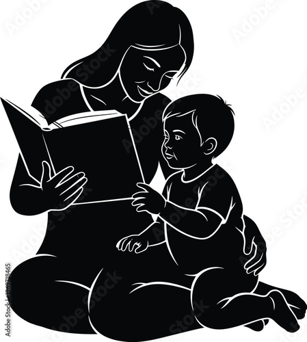 Silhouette of a mother and child reading a book together