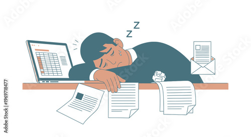 Tired Businessman Sleeping at Desk with Laptop and Documents.