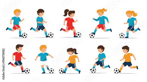 Playful collection of children characters in various active poses playing soccer with balls on a white background.