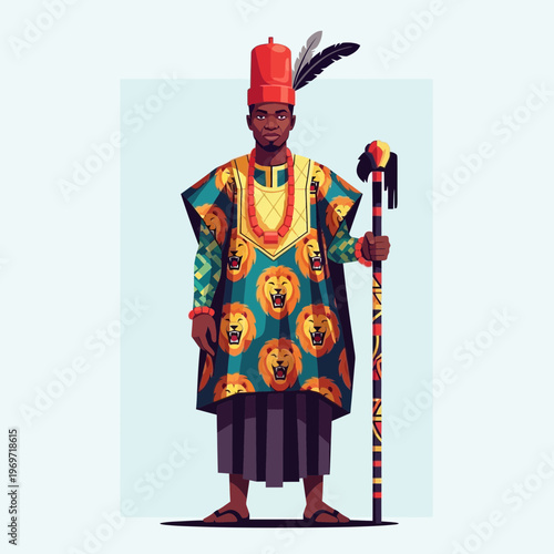 African King in Traditional Attire with Lion Motif and Staff
