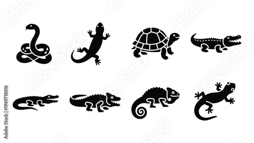 A collection of reptile silhouettes featuring a snake lizard turtle crocodile and chameleon in black and white silhouette high quality professional