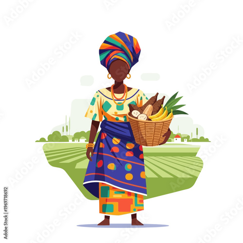African Woman Farmer Holding Basket of Harvested Crops in Field