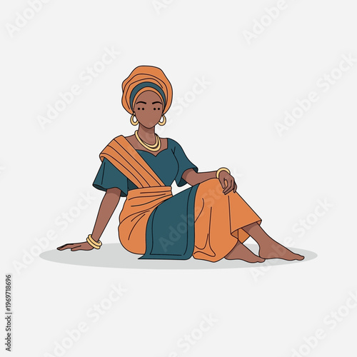 African Woman in Traditional Attire Sitting Gracefully