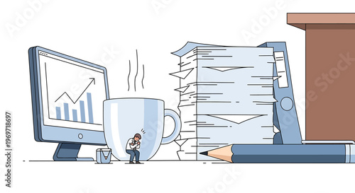 Tiny businessman overwhelmed by large stack of documents and work stress.