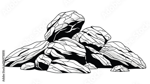 Detailed black and white sketch of a pile of large jagged rocks and boulders with stippled shading effects.