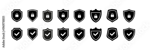 Security shield icon set. Shield check mark symbols. Protection and padlock logotypes. Vector illustration