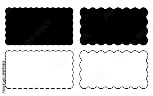 Set or rectangular shapes with squiggly borders. Tags, labels, stamps, crackers, coupons rectangle boxes with curvy, wiggly, wavy edges isolated on white background. Vector flat illustration