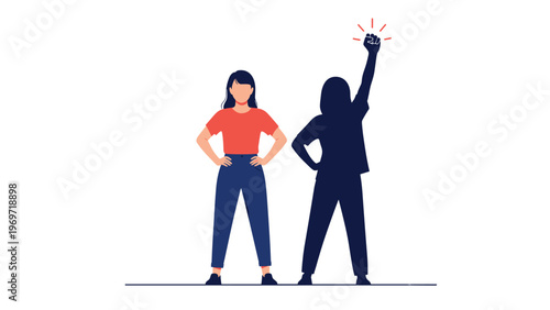 Empowerment concept illustration showing a woman standing confidently while her shadow raises a fist in a gesture of strength.