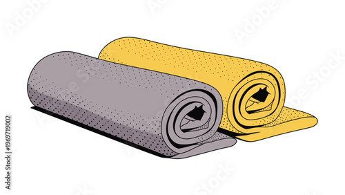 Simple illustration of two rolled-up fabric items like yoga mats or towels in muted grey and yellow tones.