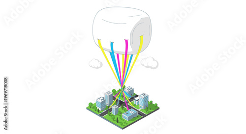 Giant marshmallow blimp floating above a miniature city, symbolizing sweet dreams or a whimsical advertising campaign