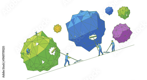 Tiny people working together to clean and assemble abstract geometric shapes, representing teamwork and problem-solving